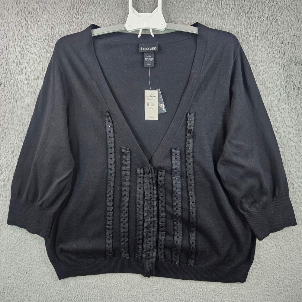 NEW Lane‎ Bryant Black Cardigan Sweater Plus Size 26/28 3/4 Sleeve Ribbon Detail